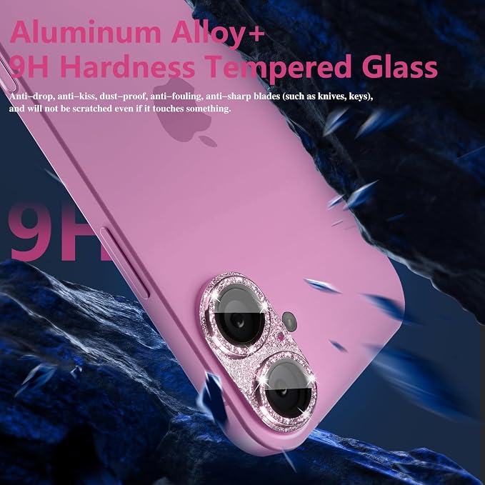 Camera Lens Protector for iPhone 16/iPhone 16 Plus, Bling Glitter Camera Cover with 9H Tempered Glass Metal Ring, Anti-Scratch Camera Protector for iPhone 16/iPhone 16 Plus (Glitter - Pink)