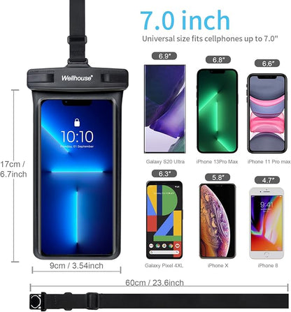 wellhouse Waterproof Phone Pouch, Waterproof Phone Case for iPhone 17 16 15 14 13 Pro Max XS Samsung, IPX8 3D Cellphone Dry Bag Beach Essentials (1 Pack - Black7.0, 7 inch)