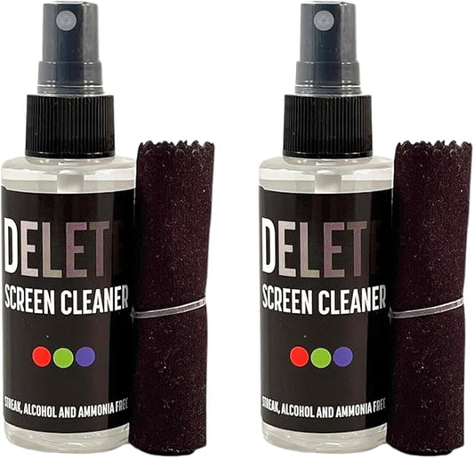 Delete Screen Cleaner Spray Kit, 2 Pack, 2oz Bottle and 2x 6"x6" Microfiber Cleaning Cloth, Streak-Free, Safe and Gentle Formula, Multi-Purpose for Travel, Small TVs, Cameras, Laptops, Phones