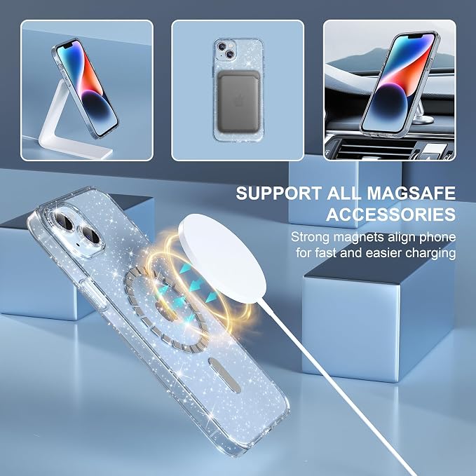 Choiche Magnetic Case for iPhone 14 Case, Women Clear Glitter Bling Sparkly Case, [2xDiamond Camera Lens Protectors] [2xTempered Glass Screen Protectors] [Compatible MagSafe] (Glitter Clear)