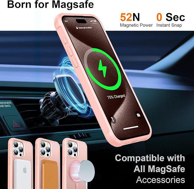 360° Magnetic Swivel Ring for iPhone 15 pro max case, Built-in Metal Stand and Ring Holder, Magsafe Compatible, Military Grade Protection, Shock and Vibration Resistant- Pink