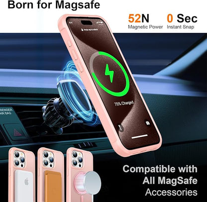 360° Magnetic Swivel Ring for iPhone 15 pro max case, Built-in Metal Stand and Ring Holder, Magsafe Compatible, Military Grade Protection, Shock and Vibration Resistant- Pink