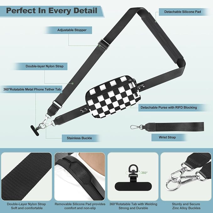 YFWE Clip and Go Strap for Phone with Wallet Crossbody, Adjustable Phone Lanyard with Detachable RFID Wristlet Wallet, Phone Strap with Phone Tabs for All Phones, Black Checkered (L)