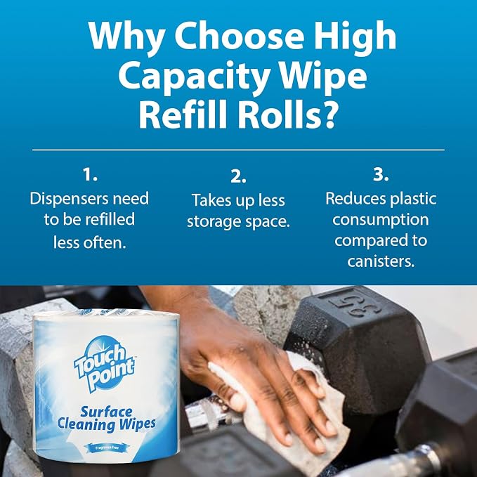 Touch Point Facility Cleaning Wipes - Disposable, Alcohol-Free Pre-Moistened All-Purpose Wipe for Gym, Office, School, Hospital, Restaurant, Hotel, and Airport (1800 Wipes/2 Roll Refill, 8x6)