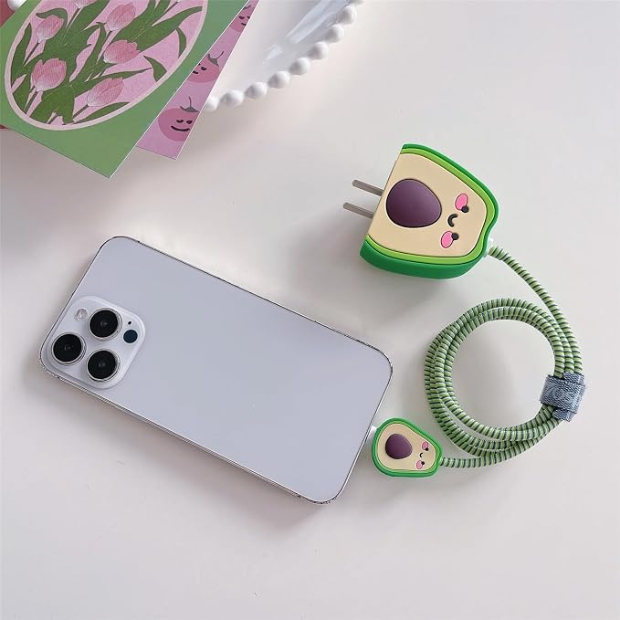 3D Cute Cartoon Charger Protector Case - Compatible for Apple 20W USB-C Power Adapter and Lightning Cable, No.11(4 in1)