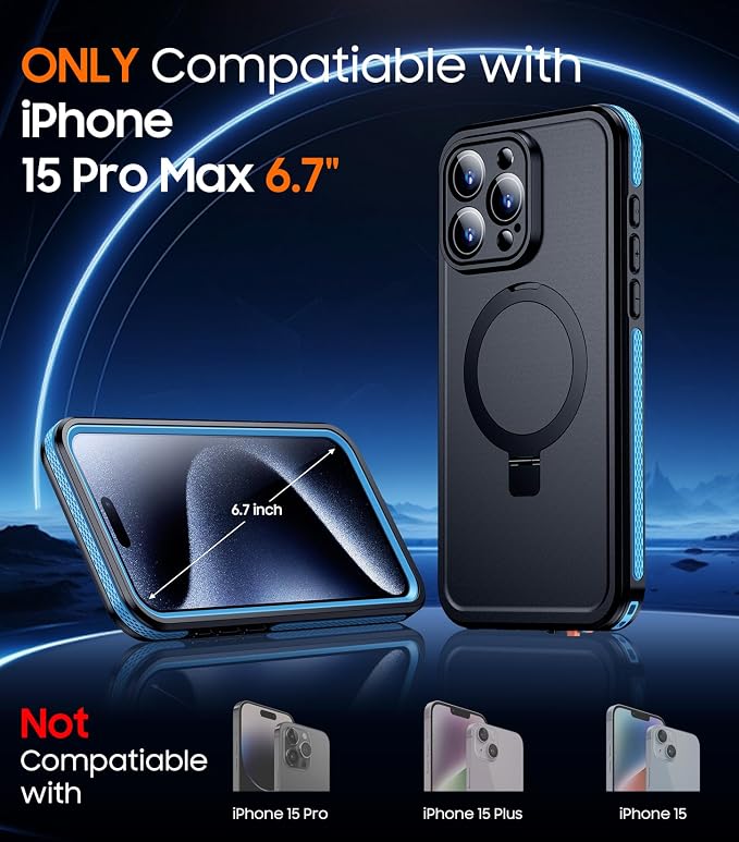 Temdan Magnetic for iPhone 15 Pro Max Case Waterproof, [Built-in Ring Invisible Stand & Screen Protector][IP68 Underwater][Dropproof][Dustproof][Real 360] Shockproof Protective Phone Case 6.7'' -Blue