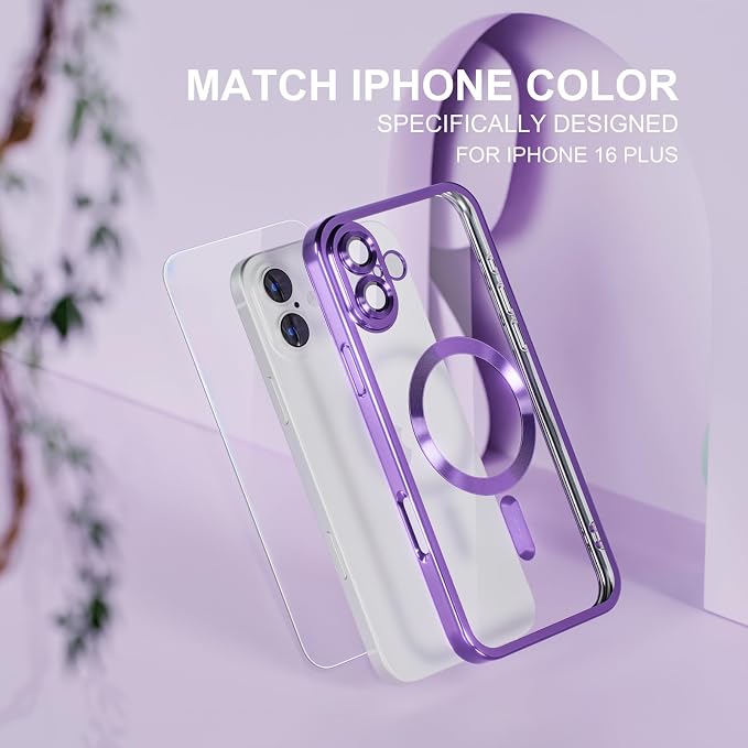 Misea Magnetic for iPhone 16 Plus Case Compatible with MagSafe [Never Yellowing] [Military Grade Drop Protection] Full Camera Lens Protector Plating Soft Clear Phone Case for Women 6.7", Deep Purple