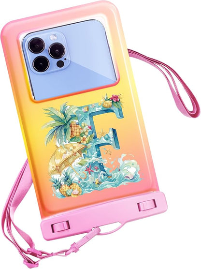 Personalized Initial Waterproof Phone Pouch Case - IPX8 Cellphone Dry Bag with Lanyard for iPhone 16/15/14/13/12 Pro Max (6.1–6.9"), Beach & Cruise Ship Essentials with Monogrammed Design (Pink, F)