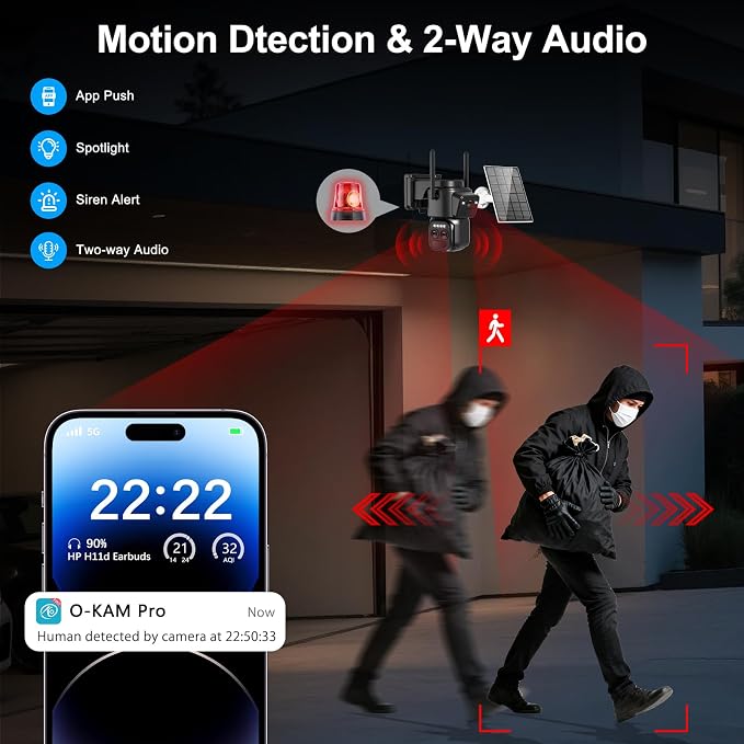 Triple-Lens Solar Security Cameras Wireless Outdoor, 2.4G/5G WiFi Cameras for Home Security with 10X Zoom, Full Color Night Vision, PlR Human Detection, Auto Tracking, Spotlight Siren, Alexa, IP66