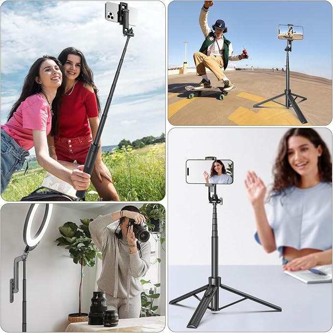 Selfie Stick Travel Tripod for Cell Phone with Remote Control and Phone Holder, Extendable Selfie Stick for iPhone, iPhone Tripod for Video Recording, 63 Inch, Black
