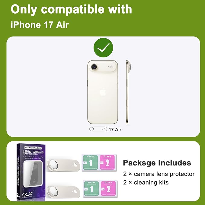 2-Pack Shatterproof Camera Lens Protector for iPhone 17 Air |AR Tempered Glass Strong Adsorption Metal Camera Cover Screen(Light Gold)