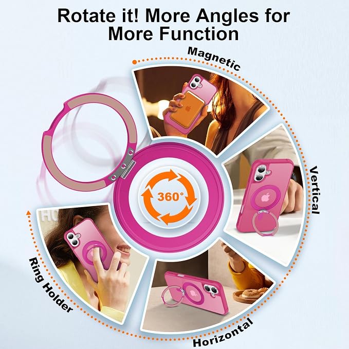 360° Magnetic Swivel Ring for iPhone 16 Plus case, Built-in Metal Stand and Ring Holder, Magsafe Compatible, Military Grade Protection, Shockproof - Rose Pink