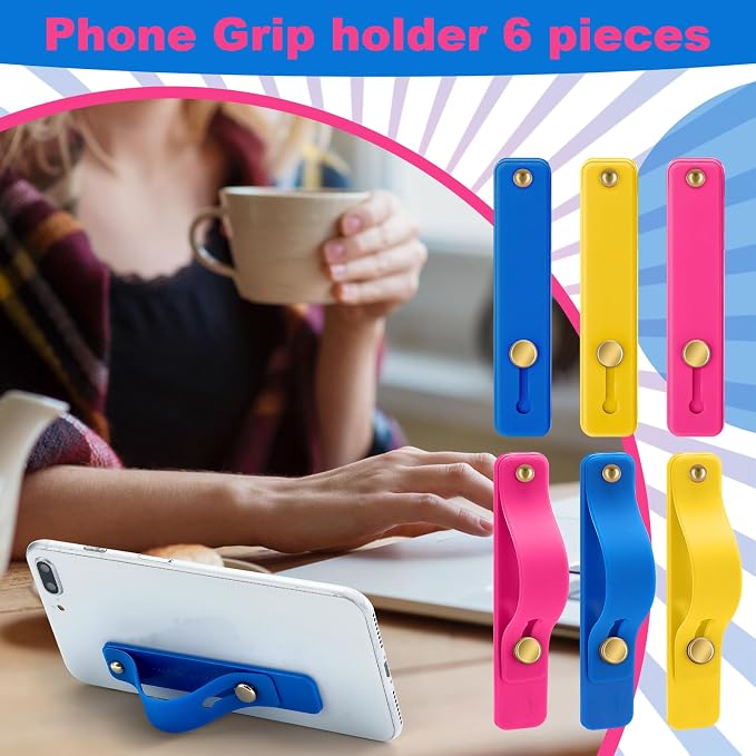 Weewooday 6 Pieces Phone Grip Holder Cell Phone Grip Strap Telescopic Finger Strap Stand Universal Finger Kickstand for Most Smartphones(Blue, Rose Pink, Yellow)
