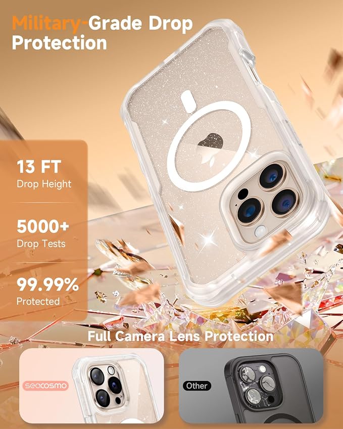 seacosmo Magnetic for iPhone 16 Pro Max Case for Women, Girly, Men, Full Body with Built-in Screen and Camera Lens Protector, Anti-Yellowing, Shockproof Cute Phone Case, 6.9", Clear Glitter