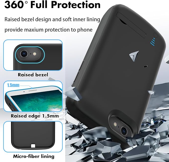 Battery Case for iPhone 8/7/6/6S/SE(2022/2020), 6000mAh Ultra-Slim Protective Charging Case Rechargeable Extended Battery Charger Cover - 4.7 inch Black