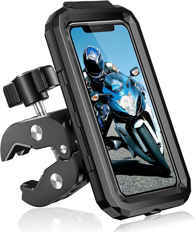 Bike Phone Holder Waterproof Motorcycle Phone Mount Holder Handlebar 360°Rotate Touch Screen Bicycle Cell Phone Holder, Anti-Shake Scooter Stroller Ebike Golf Cart Phone Clip for 5.5-7" Smartphone