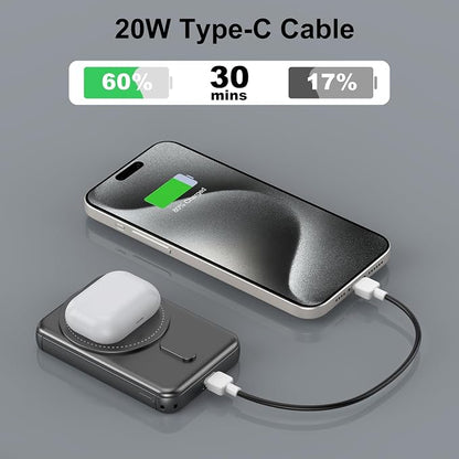 SIXTHGU Magnetic Portable Charger, 3 in 1 Wireless Power Bank for Magsafe 5000mAh Battery Pack, PD20W Fast Charging with Built-in USB-C Cable, S05 for iPhone 17/16/15/14 Series, Apple Watch/Airpods