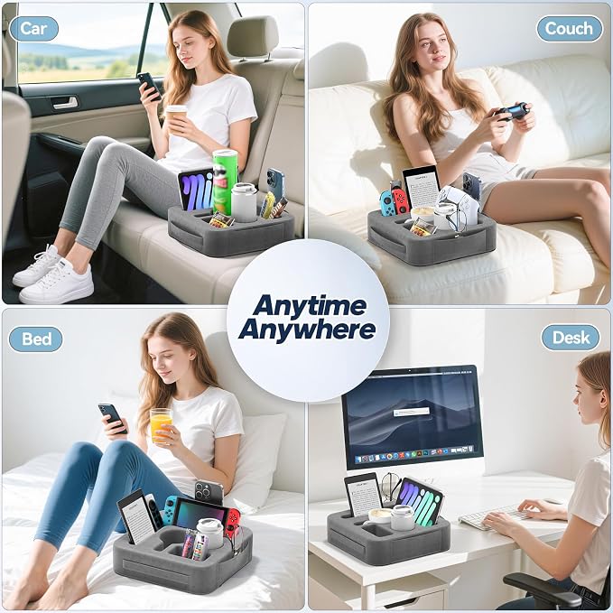 Couch Cup Holder Pillow, Sofa and Bed Caddy for iPad, Kindle, Switch, Game Controller, Remotes, Phones, Small-Sized Cup and Drink Holder for Couch, Bed, Desk, Car, Bathroom Cup Holder, Deep Gray