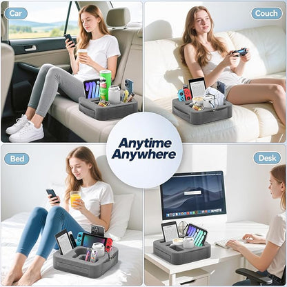 Couch Cup Holder Pillow, Sofa and Bed Caddy for iPad, Kindle, Switch, Game Controller, Remotes, Phones, Small-Sized Cup and Drink Holder for Couch, Bed, Desk, Car, Bathroom Cup Holder, Deep Gray