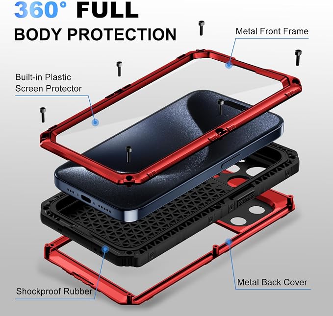 Beasyjoy for iPhone 15 Pro Max Case Waterproof, Metal Heavy Duty Full Body Protective Case with Built-in Screen Protector, Military Grade Shockproof Defender Cover for iPhone 15 Pro Max 6.7", Red