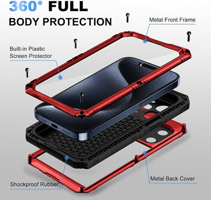 Beasyjoy for iPhone 15 Pro Max Case Waterproof, Metal Heavy Duty Full Body Protective Case with Built-in Screen Protector, Military Grade Shockproof Defender Cover for iPhone 15 Pro Max 6.7", Red