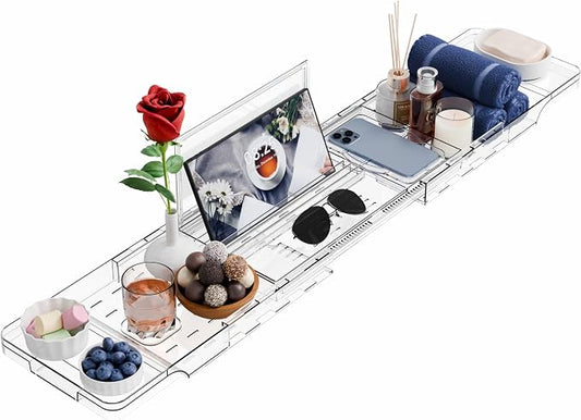 Yieach Luxury Clear Bathtub Shelf Across Tub,Expandable Plastic Bathtub Tray Over The Tub Bath Caddy,Free Standing Bath Table Board & Accessories for Women Relaxing with Reading Book and Ipad Holder