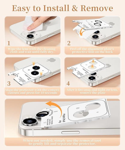 GolbinBox Camera Lens Protector for iPhone 14/14 Plus, 1:1 Invisible Fit, 9H Tempered Glass Ultra HD Metal Individual Camera Cover for Women, Case Friendly, Bling/Silver