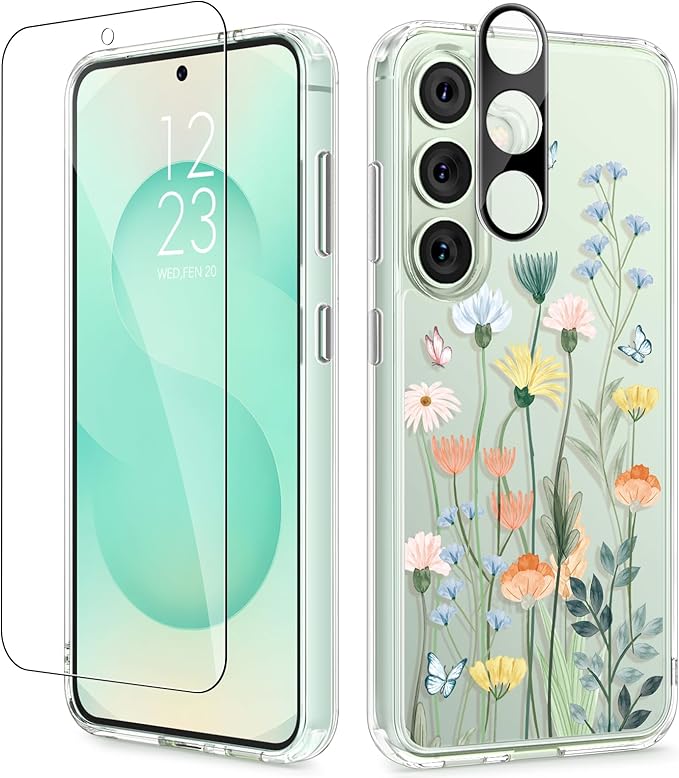 GVIEWIN for Samsung Galaxy S25 Plus Case, Clear Floral Slim Shockproof Protective Women Phone Case, Non-Yellowing, with Screen Protector & Camera Lens Protector for S25 Plus 6.7", Bloomtrail/Colorful