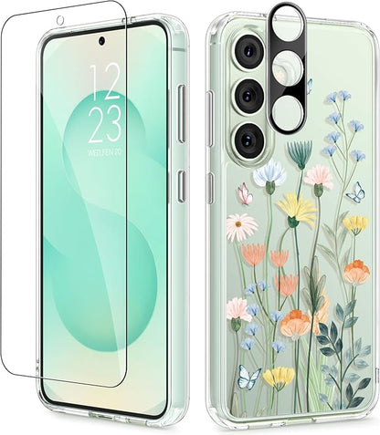 GVIEWIN for Samsung Galaxy S25 Plus Case, Clear Floral Slim Shockproof Protective Women Phone Case, Non-Yellowing, with Screen Protector & Camera Lens Protector for S25 Plus 6.7", Bloomtrail/Colorful