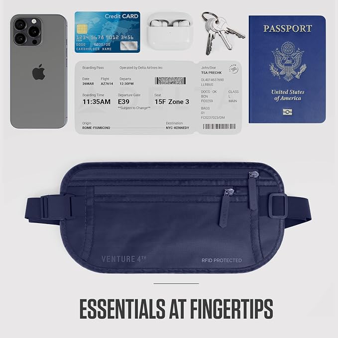 VENTURE 4TH Money Belt for Travel – Hidden Under-Clothes RFID Blocking Passport Holder & Slim Travel Wallet Pouch for Men & Women to Protect Cash, Cards & Documents (Sleek Navy Blue)