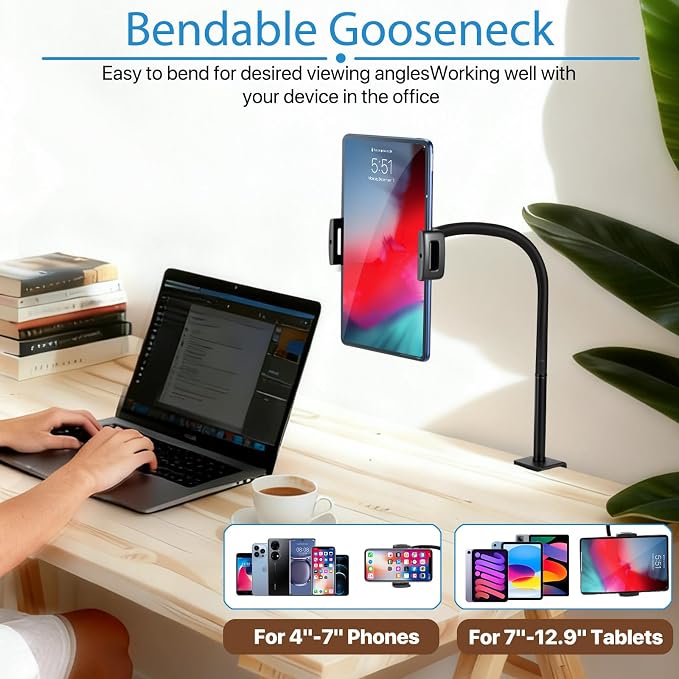 Tablet Stand Holder for Desk, Gooseneck iPad Holder Clamp Mount, 360° Adjustable Arm Mount for iPad mini/Air/Pro、Kindle Fire, Galaxy Tabs, All 4.7"-13.5" Tablets, for Work Meetings, Video, Kitchen