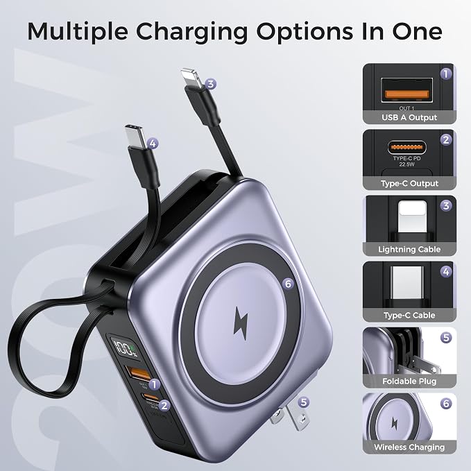 6-in-1 Magnetic Portable Charger 10000mAh – 22.5W Fast Charging with AC Wall Plug Built-in USB-C & Lightning Cables for iPhone 17/16/15/14/13/12, Android & Samsung (Silver Gray)