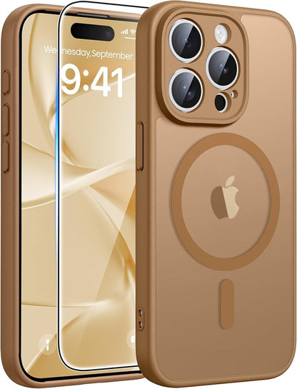 FNTCASE for iPhone 15 Pro Max Case: [Compatible with Magsafe] Translucent Matte Cases with [Full Camera Protection] [Screen Protector] Military Grade Shockproof Protective Phone Cover - Brown