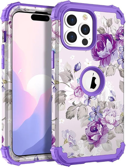 Hocase for iPhone 15 Pro Case, Heavy Duty Shockproof Protection Soft Silicone Rubber Bumper+Hard Plastic Hybrid Protective Case for iPhone 15 Pro 6.1" 2023 - Lavender Flowers