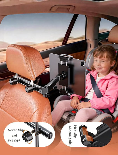 Car Headrest Mount for Tablets & Phones, 360° Rotation iPad Car Holder Back Seat,Foldable Tablet Mount Compatible with 4.7-12.9" Cellphones and Tablets,Great for Kids Travel and Road Trips