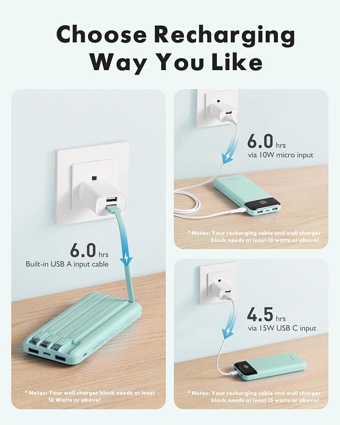 charmast 10000mAh Portable Charger,Built-in 4 Cables,6 Outputs/3 Inputs,3A Fast Charging,Compatible with iPhone,iPad,Samsung,Pixel,LG