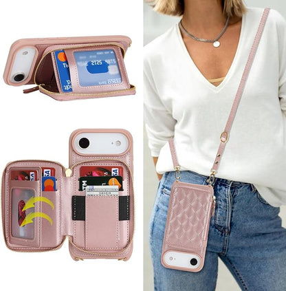 Crossbody Wallet Case for iPhone Air, PU Leather Zipper Handbag Purse Flip Cover, Kickstand Folio Case with Card Slots Holder Wrist Strap Lanyard 5G 6.5 Inch-Rose Gold