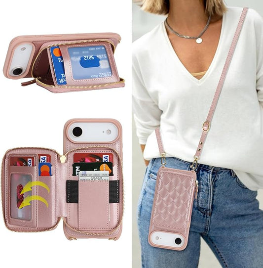Crossbody Wallet Case for iPhone Air, PU Leather Zipper Handbag Purse Flip Cover, Kickstand Folio Case with Card Slots Holder Wrist Strap Lanyard 5G 6.5 Inch-Rose Gold