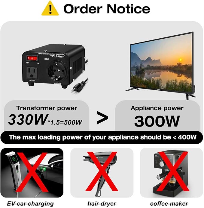 Yinleader 110v to 220v European Voltage Converter Transformer 500W | Step Up Converter 110/120 Volt to 220/230/240 Volt or Step Down 220 to 110,[110V US Power Cord Included Only, No 220V Cord]