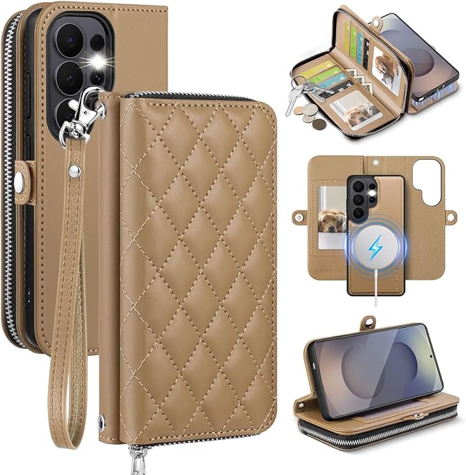 OCASE for Samsung Galaxy S26 Ultra Crossbody Detachable Wallet Case, PU Leather Handbag Phone Purse with Zipper Closure, Card Slots & RFID Blocking, Wrist Strap, Lanyard, Kickstand, Khaki