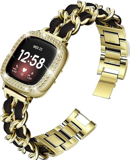 Stainless Steel Bands Compatible for Fitbit Versa 4/Fitbit Sense 2 Smartwatch With Bling Case Cover,Chic Leather Metal Wristband Accessories Strap for Women Bracelet (Gold, Versa 3/Sense)