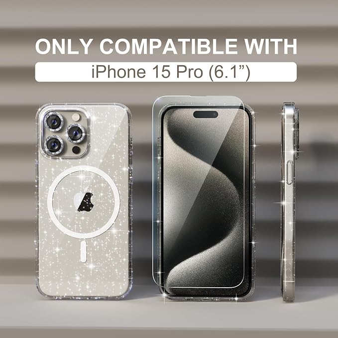 Choiche for iPhone 15 Pro Case Magnetic, Women Clear Glitter Bling Sparkly Case, [3xDiamond Camera Lens Protectors] [2xTempered Glass Screen Protectors] [Compatible MagSafe] (Glitter Clear)