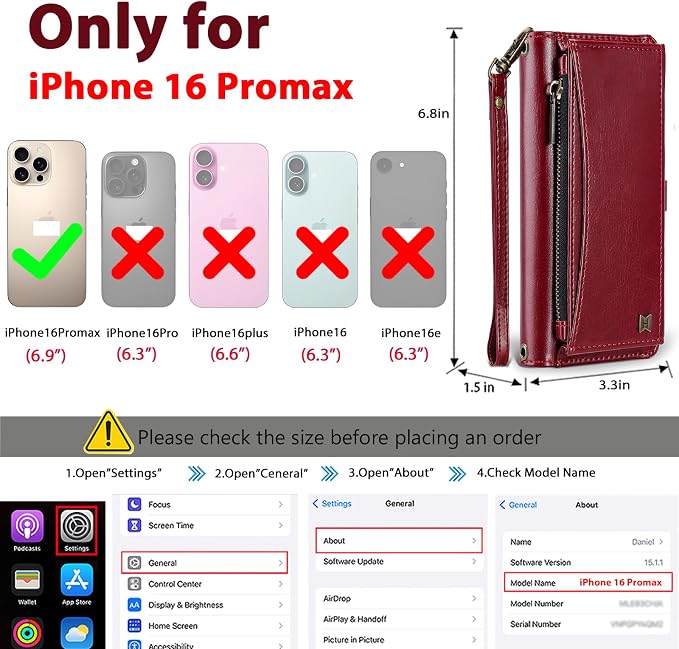 Wallet Case for iPhone 16 Pro Max with Card Holder/Crossbody Wallet/Strap| RFID Blocking | Magnetic | Kickstand | Detachable | PU Leather Phone Case for iPhone 16 Pro Max,6.9 in,Wine Red