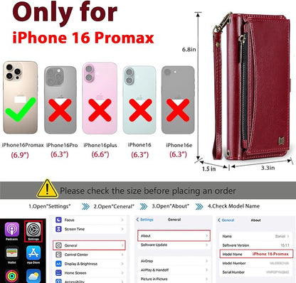 Wallet Case for iPhone 16 Pro Max with Card Holder/Crossbody Wallet/Strap| RFID Blocking | Magnetic | Kickstand | Detachable | PU Leather Phone Case for iPhone 16 Pro Max,6.9 in,Wine Red