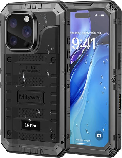 Mitywah Waterproof Case for iPhone 16 Pro, Shockproof Heavy Duty Case with Built-in Screen Protector, Underwater Full Body Protective Metal Case 6.3 inch, Black
