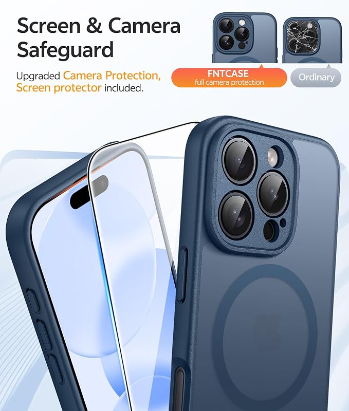 FNTCASE for iPhone 16 Pro Max Case: [Compatible with Magsafe] Translucent Matte Cases with [Full Camera Protection] [Screen Protector] Military Grade Shockproof Protective Phone Cover - Blue