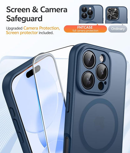 FNTCASE for iPhone 16 Pro Max Case: [Compatible with Magsafe] Translucent Matte Cases with [Full Camera Protection] [Screen Protector] Military Grade Shockproof Protective Phone Cover - Blue
