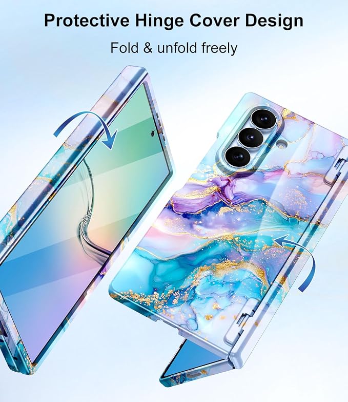 Btscase for Samsung Galaxy Z Fold 8 Ultra Case,Built in Front Screen Protector,[Compatible with MagSafe] Marble Hard PC Slim Shockproof Full Body Drop Protective Case for Z Fold 8 Ultra, Blue Gold