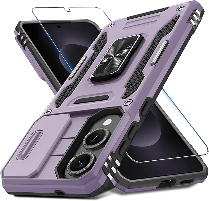 DEERLAMN Case for Samsung Galaxy S25 Edge with Slide Camera Cover+Screen Protector (1 Pack), Rotated Ring Kickstand Military Grade Shockproof Protective Cover-Deep Purple