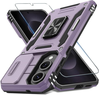 DEERLAMN Case for Samsung Galaxy S25 Edge with Slide Camera Cover+Screen Protector (1 Pack), Rotated Ring Kickstand Military Grade Shockproof Protective Cover-Deep Purple